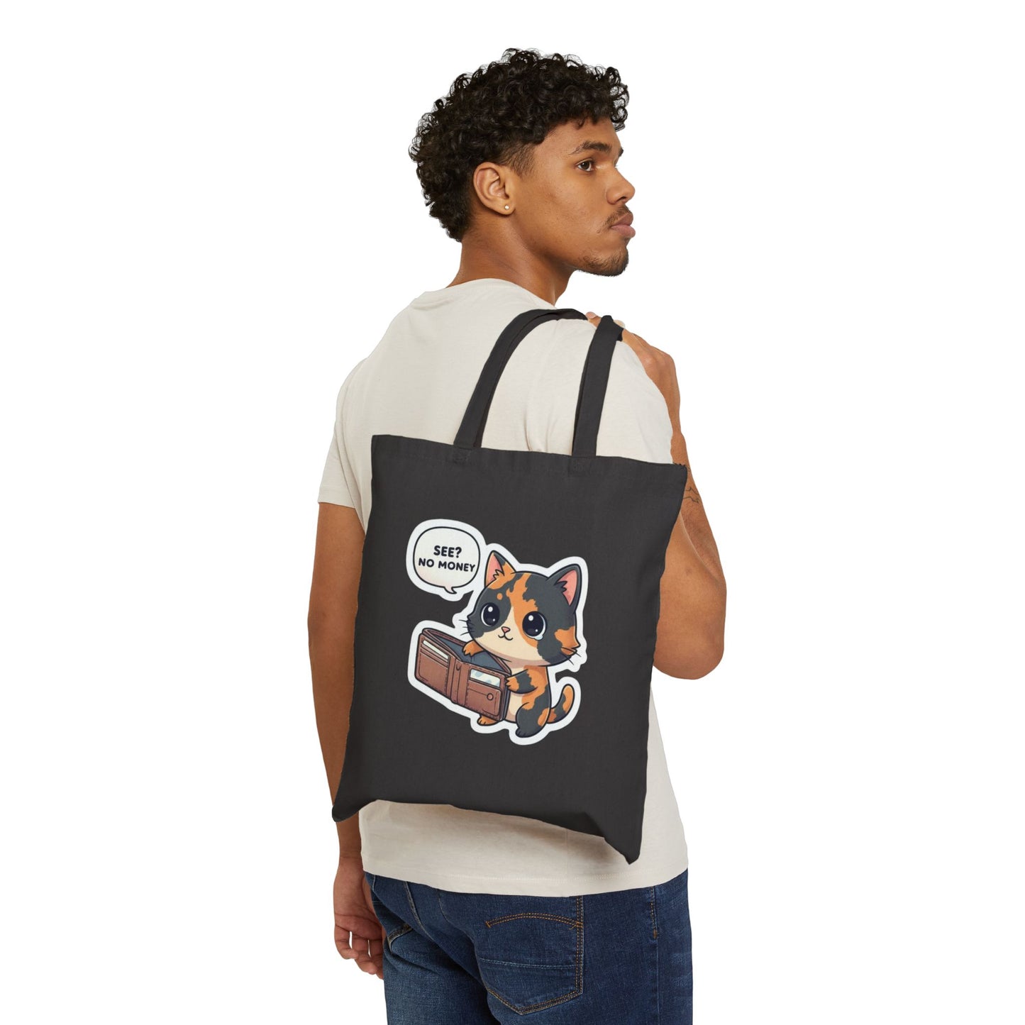 Cute Calico Cat Tote Bag — “See? No Money” Canvas Shopping Tote