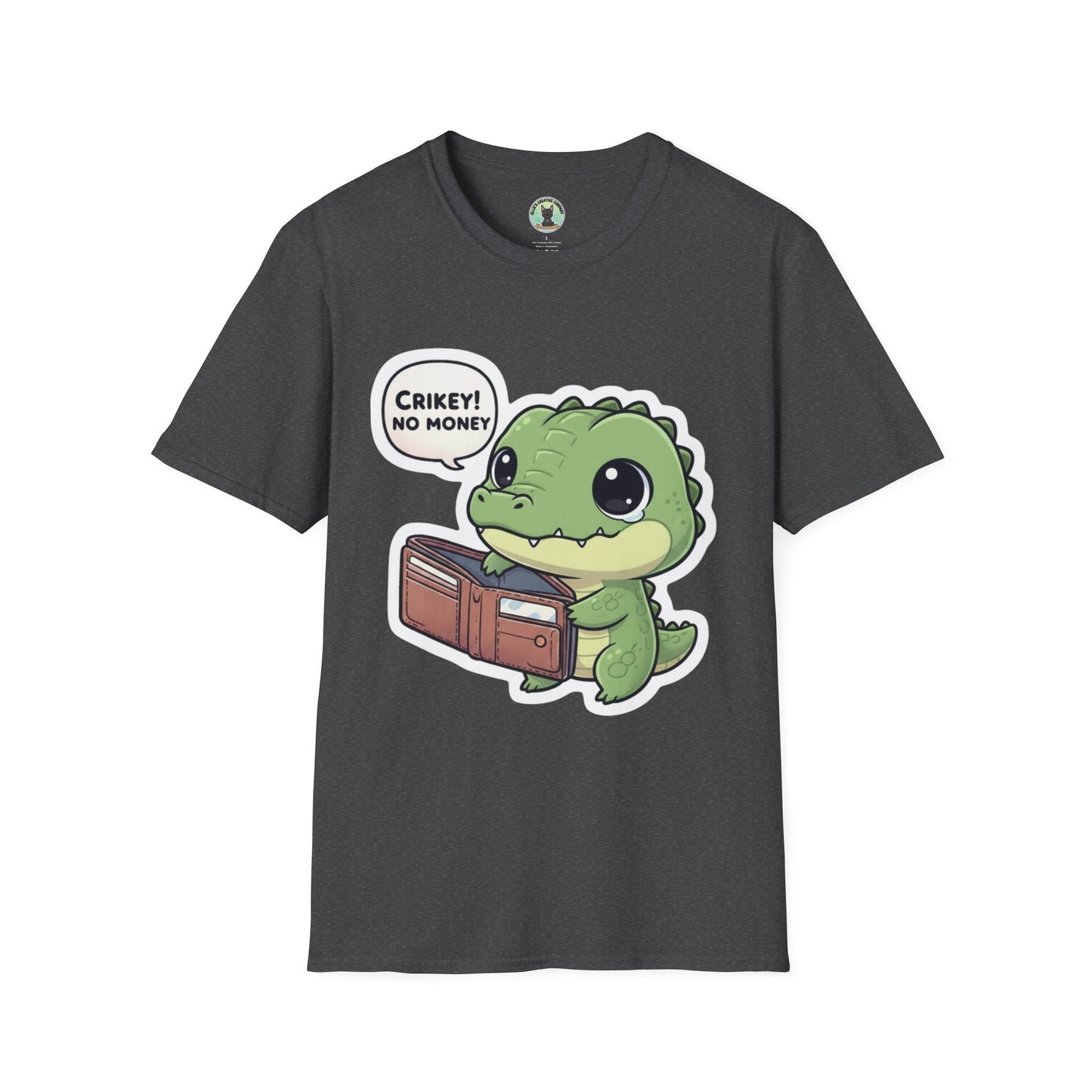 Cute Dinosaur T-Shirt — “Crikey! No Money” Cartoon Dino with Wallet