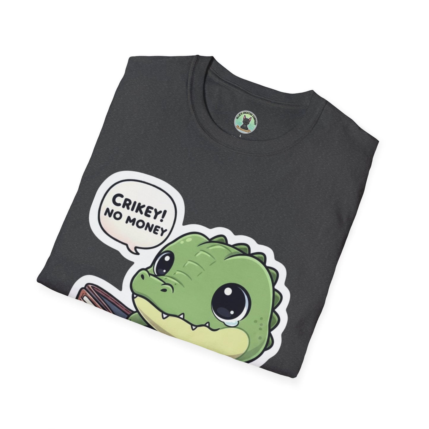 Cute Dinosaur T-Shirt — “Crikey! No Money” Cartoon Dino with Wallet