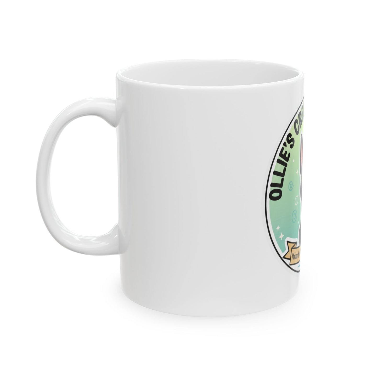 Cute Black French Bulldog Ceramic Mug — "Ollie’s Creative Company" Logo Coffee Cup (11oz)