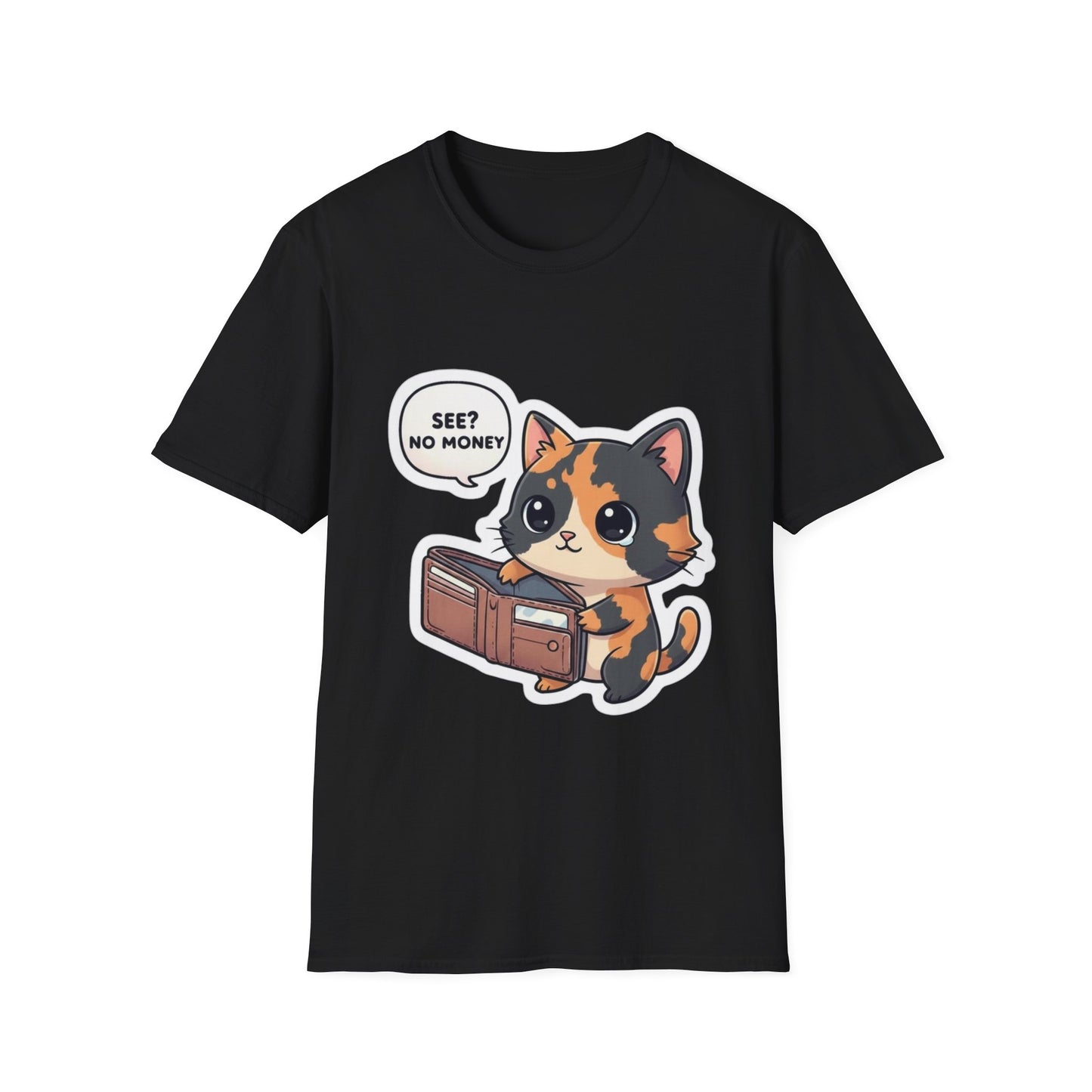 Cat Wallet T-Shirt — Cute Calico Saying "See? No Money"