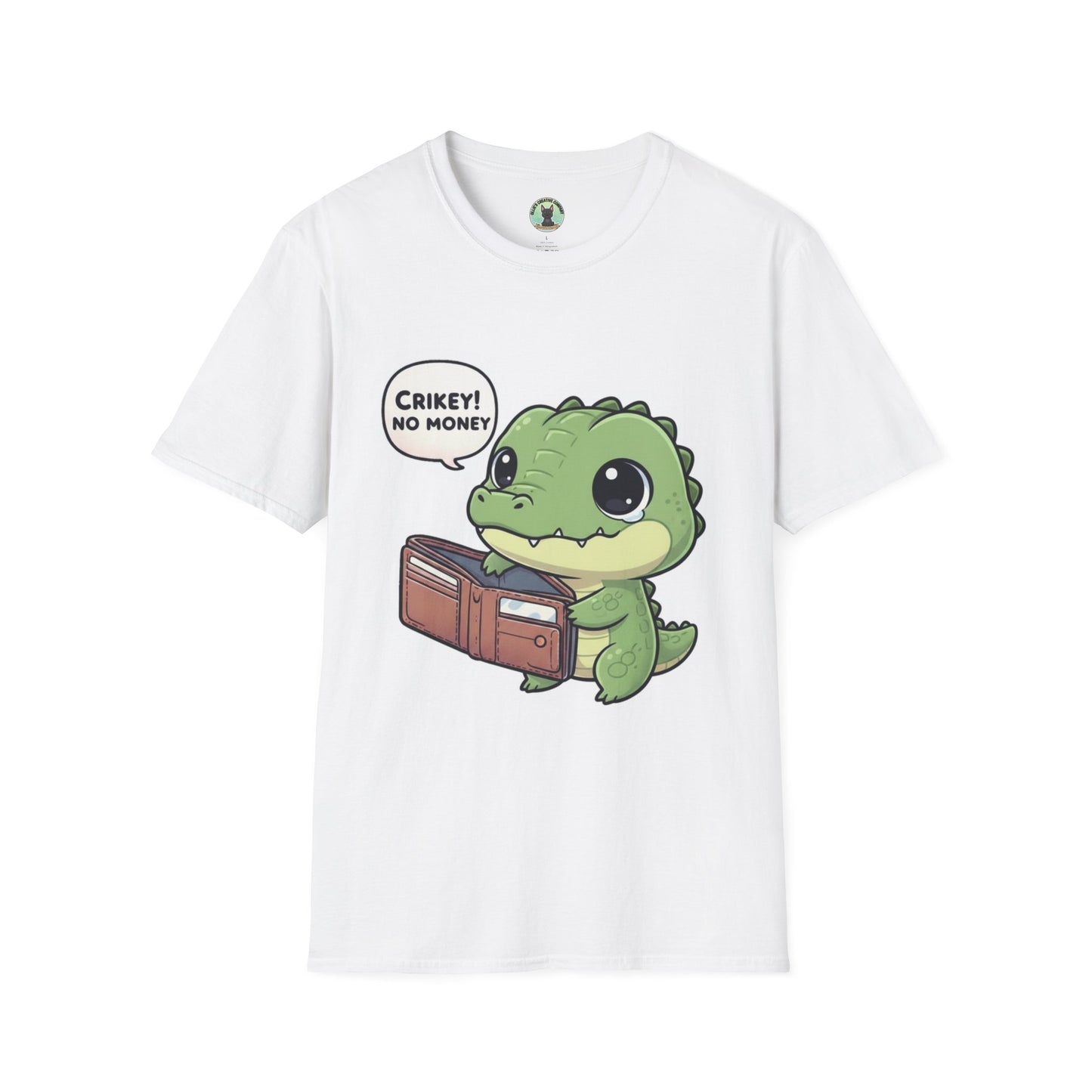 Cute Dinosaur T-Shirt — “Crikey! No Money” Cartoon Dino with Wallet