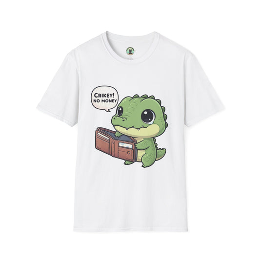 Cute Dinosaur T-Shirt — “Crikey! No Money” Cartoon Dino with Wallet