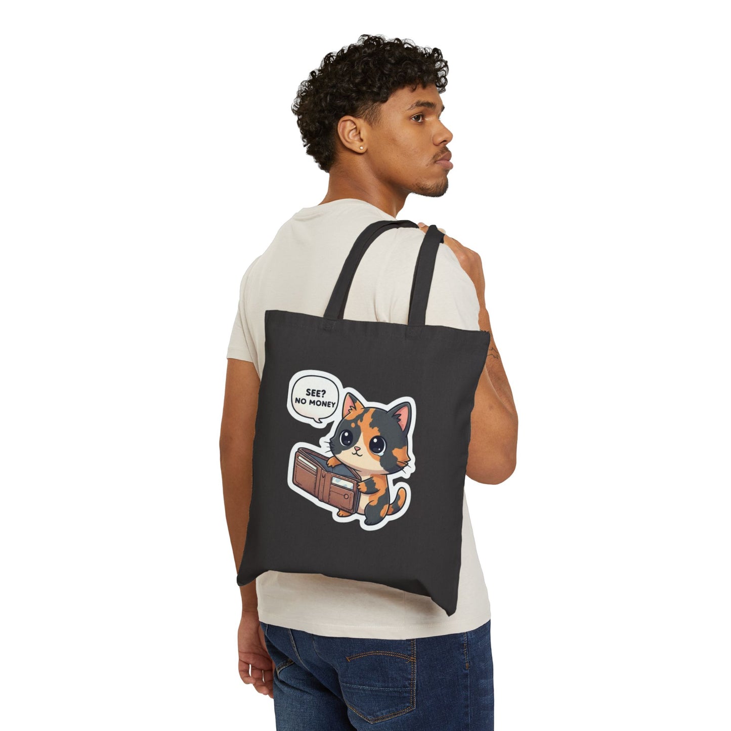 Cute Calico Cat Tote Bag — “See? No Money” Canvas Shopping Tote