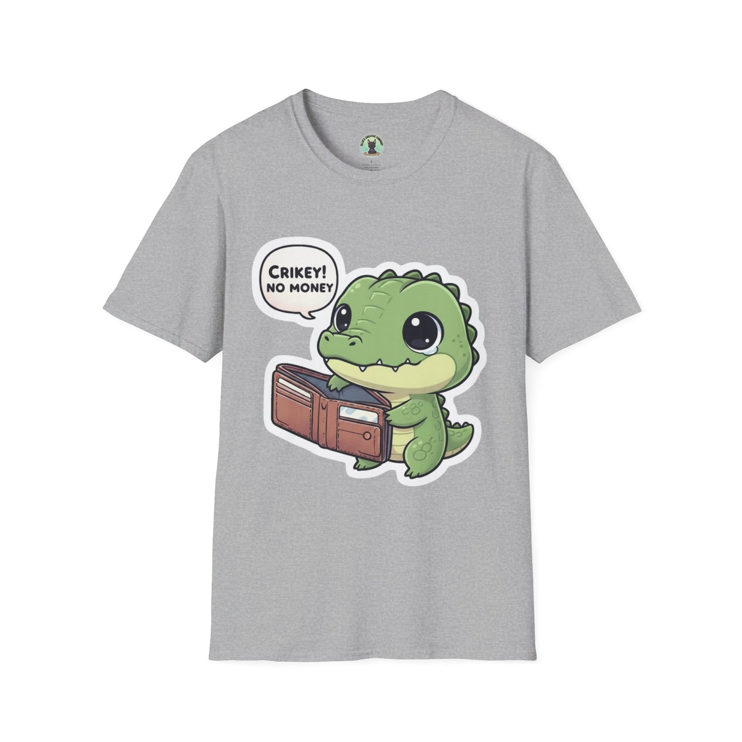 Cute Dinosaur T-Shirt — “Crikey! No Money” Cartoon Dino with Wallet