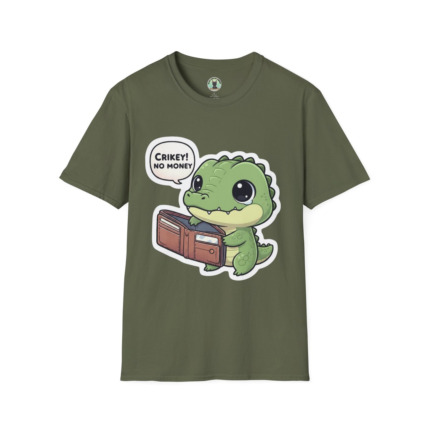 Cute Dinosaur T-Shirt — “Crikey! No Money” Cartoon Dino with Wallet