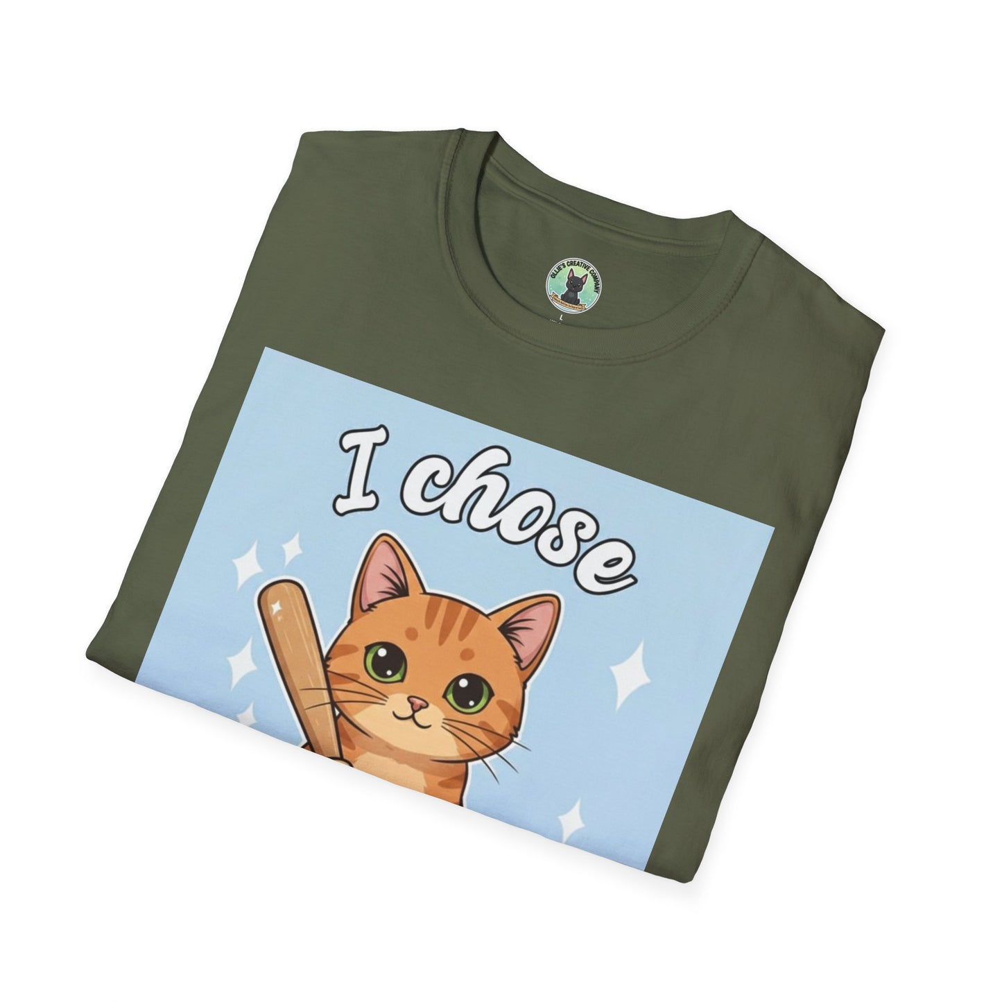 I Chose Violence Cat T-Shirt — Cute Orange Kitty with Baseball Bat