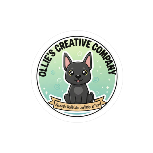 Kiss-Cut Vinyl Sticker — Ollie’s Creative Company Logo (Cute Black Dog, Round Decal)