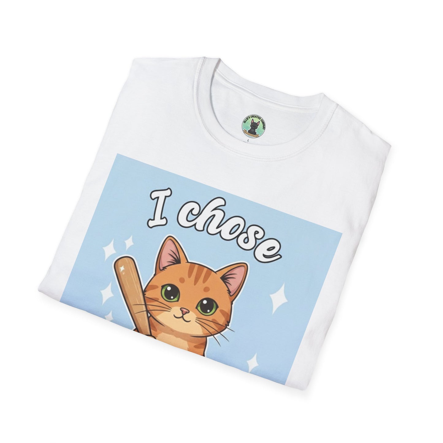I Chose Violence Cat T-Shirt — Cute Orange Kitty with Baseball Bat