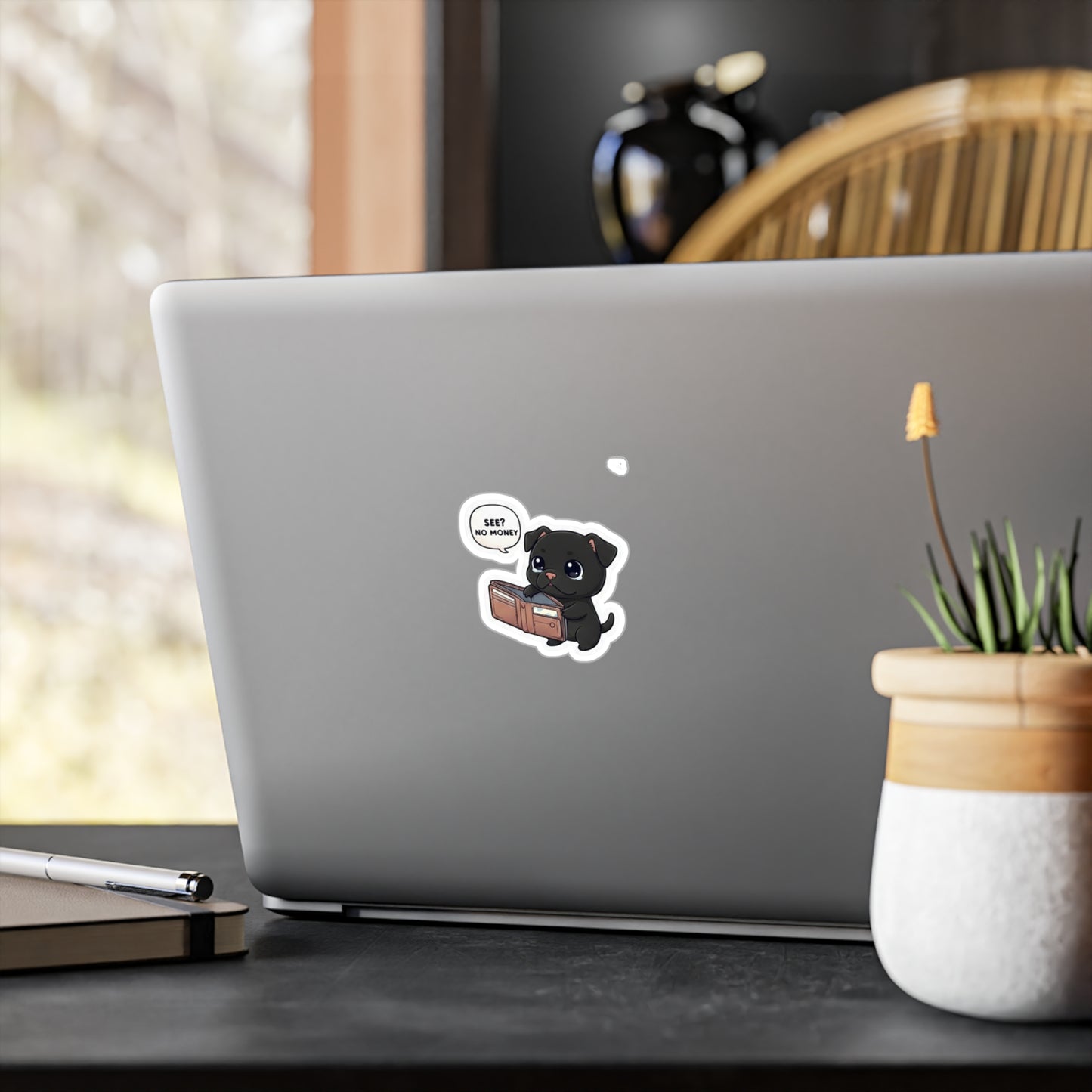 Cute Black Puppy ‘See? No Money’ Kiss-Cut Vinyl Sticker