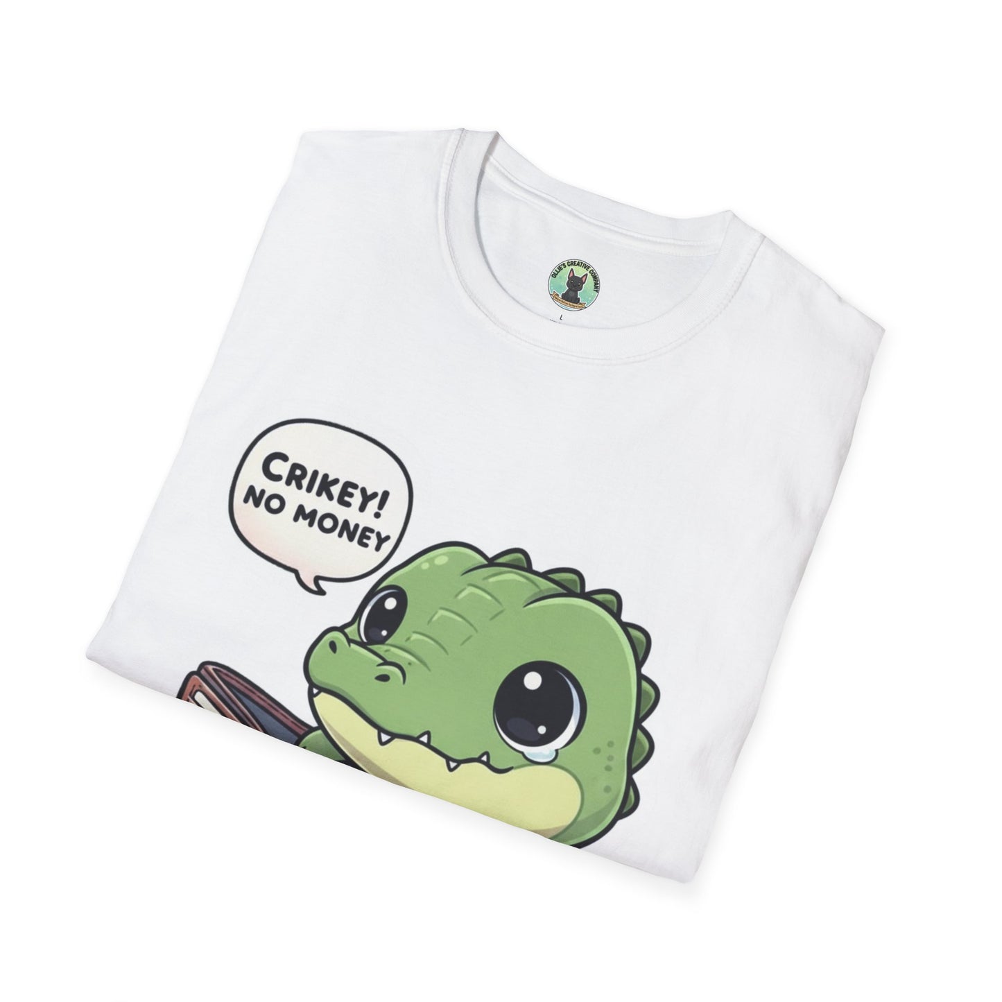 Cute Dinosaur T-Shirt — “Crikey! No Money” Cartoon Dino with Wallet