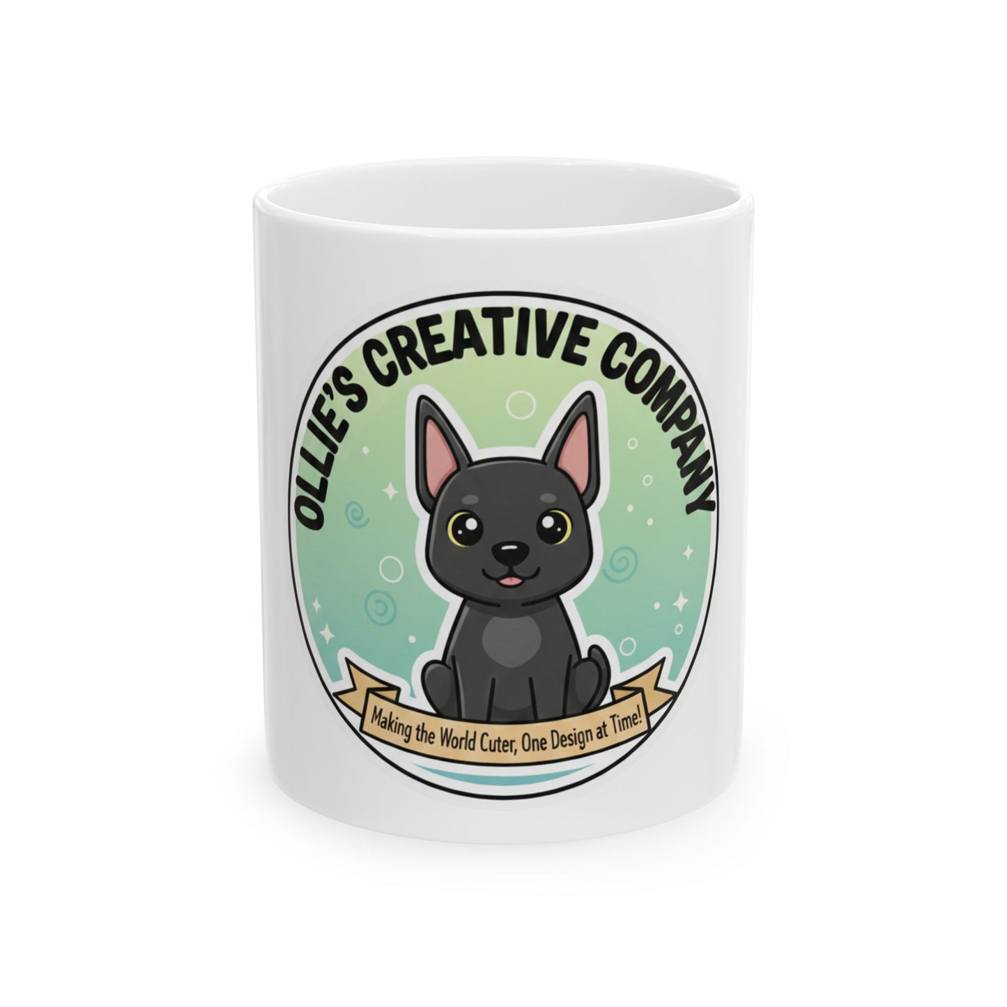 Cute Black French Bulldog Ceramic Mug — "Ollie’s Creative Company" Logo Coffee Cup (11oz)