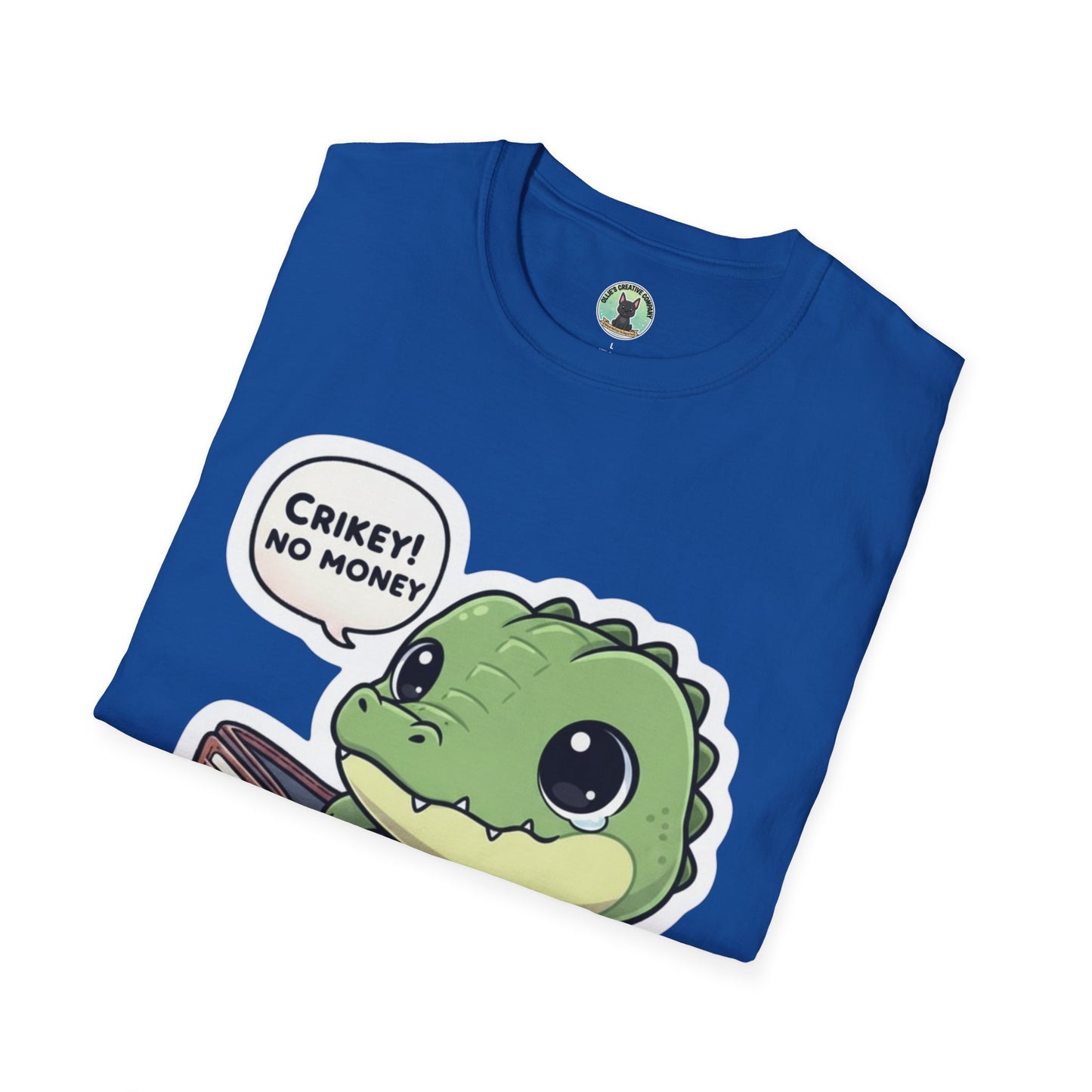 Cute Dinosaur T-Shirt — “Crikey! No Money” Cartoon Dino with Wallet