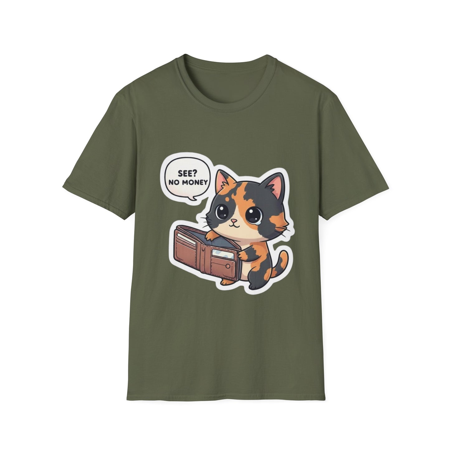 Cat Wallet T-Shirt — Cute Calico Saying "See? No Money"