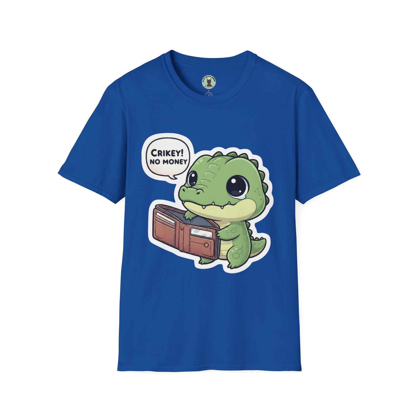 Cute Dinosaur T-Shirt — “Crikey! No Money” Cartoon Dino with Wallet