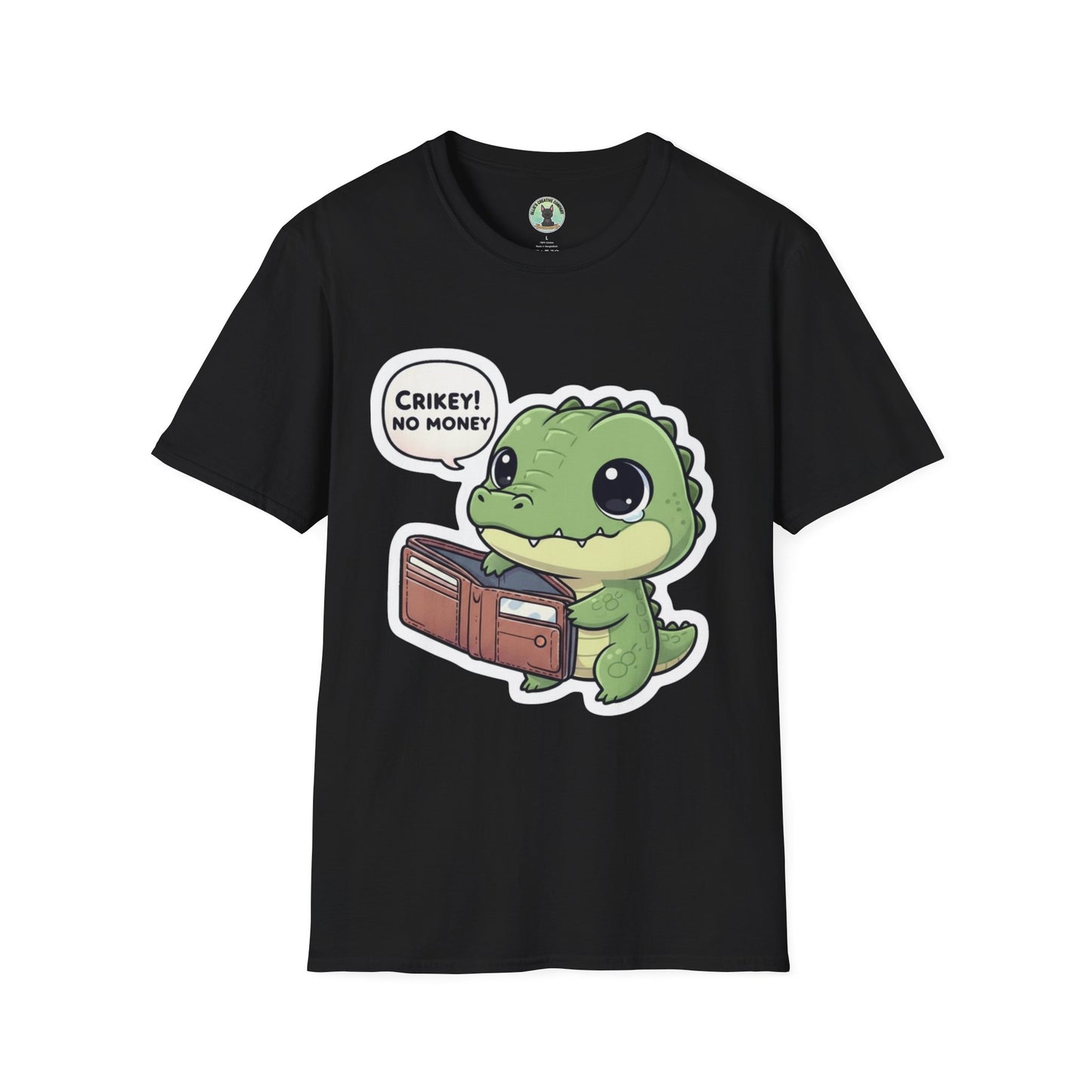 Cute Dinosaur T-Shirt — “Crikey! No Money” Cartoon Dino with Wallet