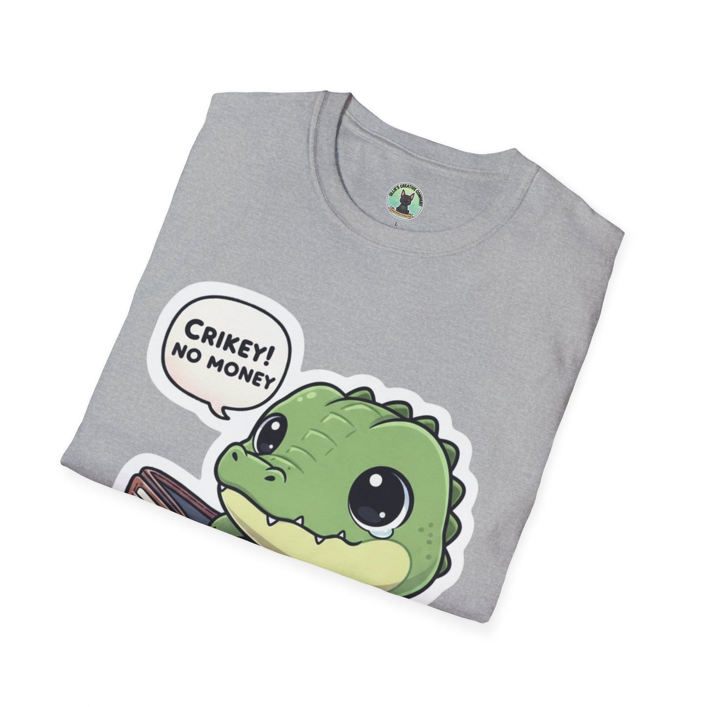 Cute Dinosaur T-Shirt — “Crikey! No Money” Cartoon Dino with Wallet