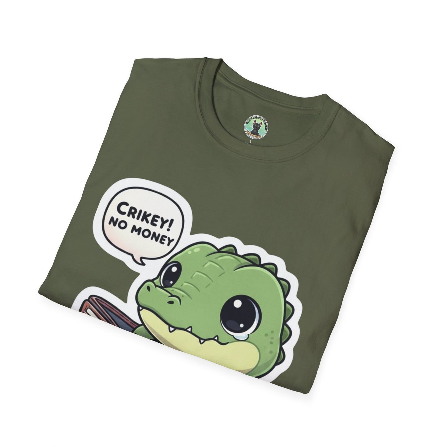 Cute Dinosaur T-Shirt — “Crikey! No Money” Cartoon Dino with Wallet
