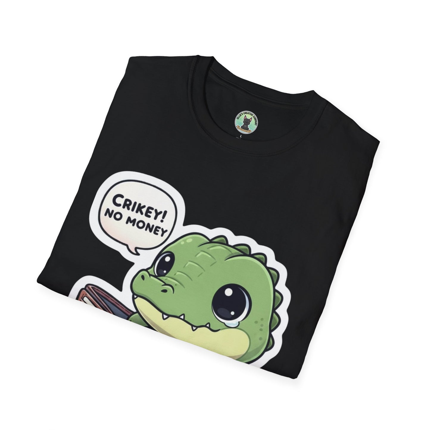 Cute Dinosaur T-Shirt — “Crikey! No Money” Cartoon Dino with Wallet