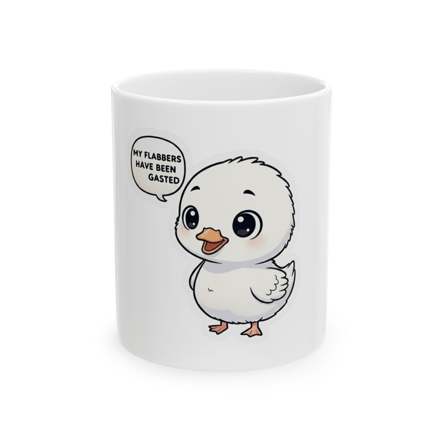 Kawaii Chick Ceramic Mug (11oz) — Cute Duckling Saying "My Flabbers Have Been Gasted"