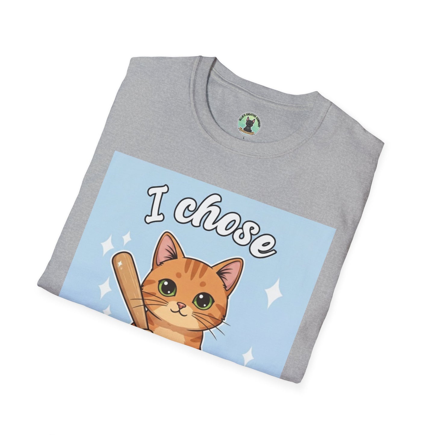 I Chose Violence Cat T-Shirt — Cute Orange Kitty with Baseball Bat