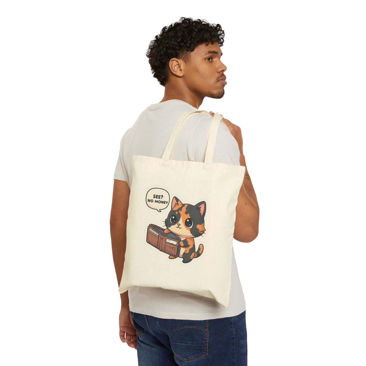 Cute Calico Cat Tote Bag — “See? No Money” Canvas Shopping Tote