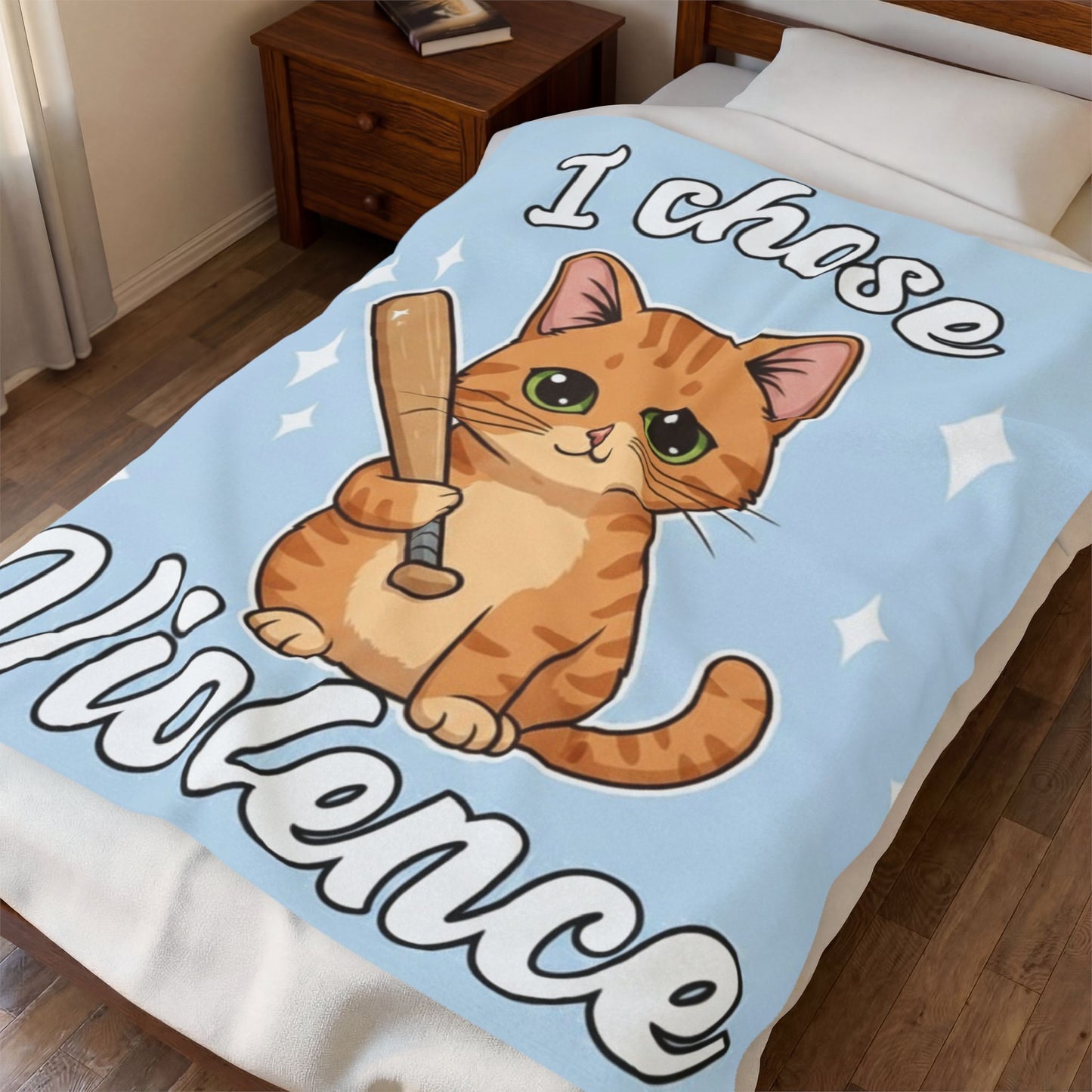 Plush Blanket — 'I Chose Violence' Cute Cat with Baseball Bat Velveteen Throw